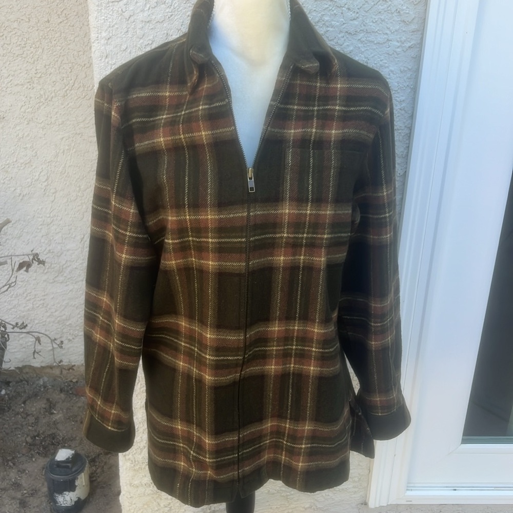 Jones New York Women's Green Brown Plaid Wool Blend Zip up Jacket Size S
